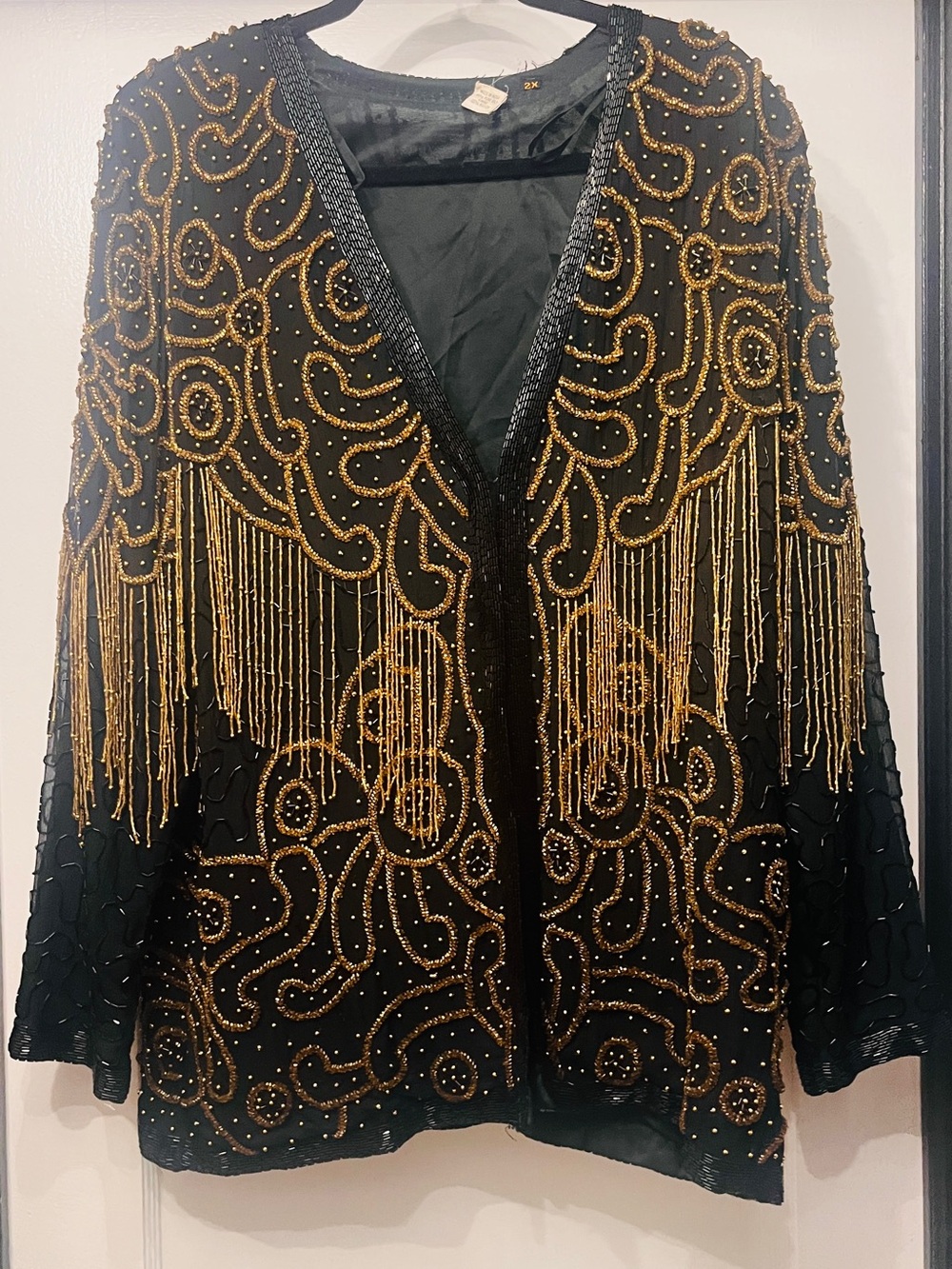 Black Beaded Fringe Jacket with Gold Embroidery